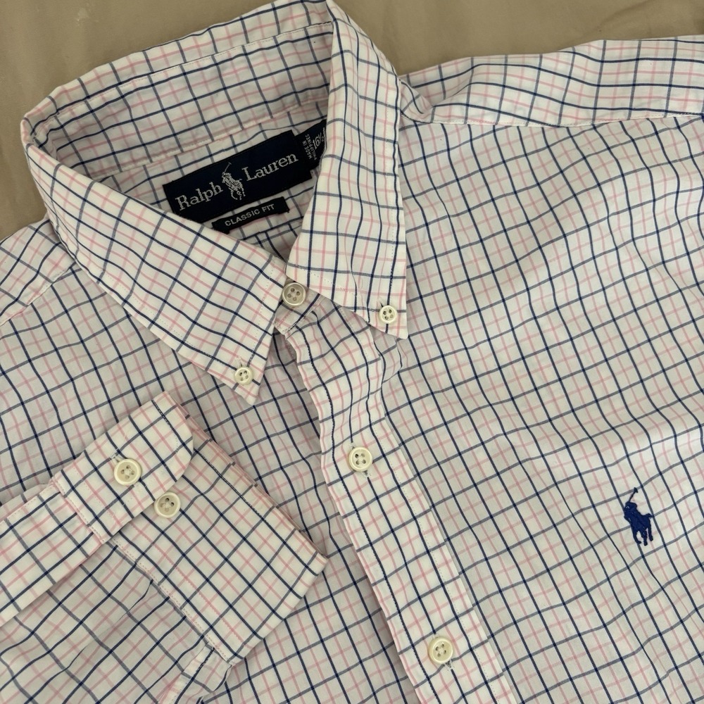 Ralph Lauren Classic Fit Mens Button Down Shirt 16.5 L Cream Plaid Check Vintage